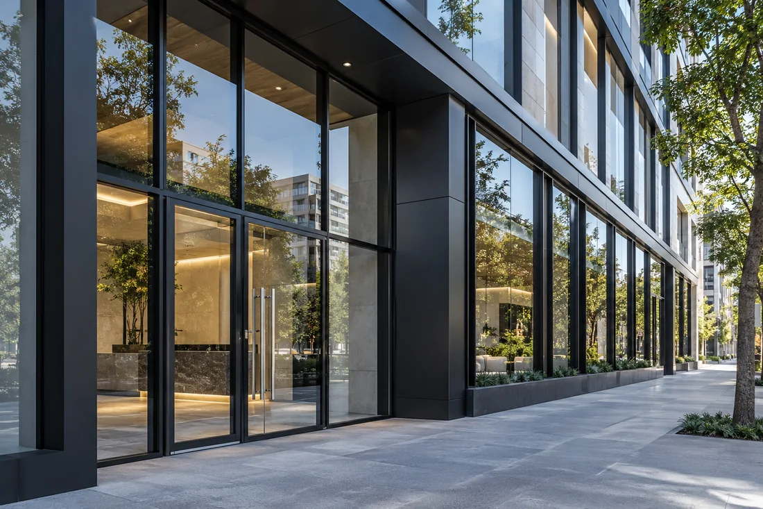 Fachada comercial contemporánea con cancelería de aluminio y amplios paños de cristal